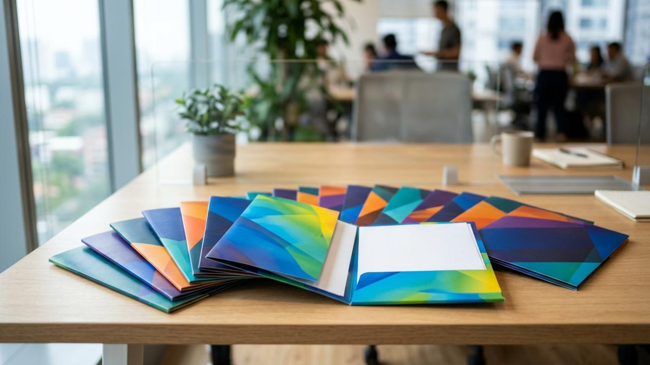 Folders impresos a todo color sobre un escritorio de oficina – ServiDigitales Panamá