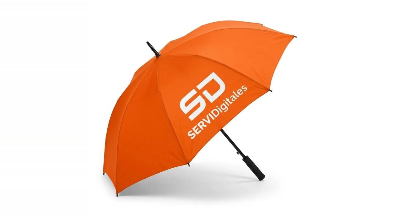 Paraguas naranja personalizado con logo de ServiDigitales