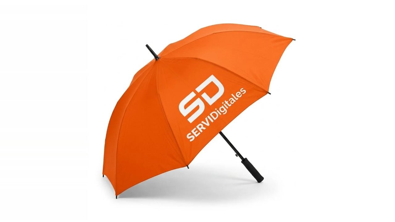 Paraguas naranja personalizado con logo de ServiDigitales