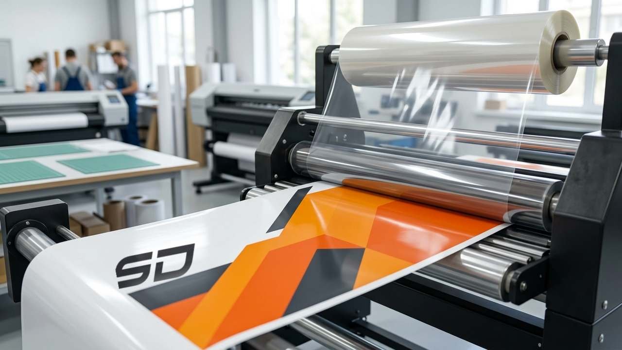 Laminadora de rodillos aplicando laminado en frío a un vinil impreso – ServiDigitales Panamá