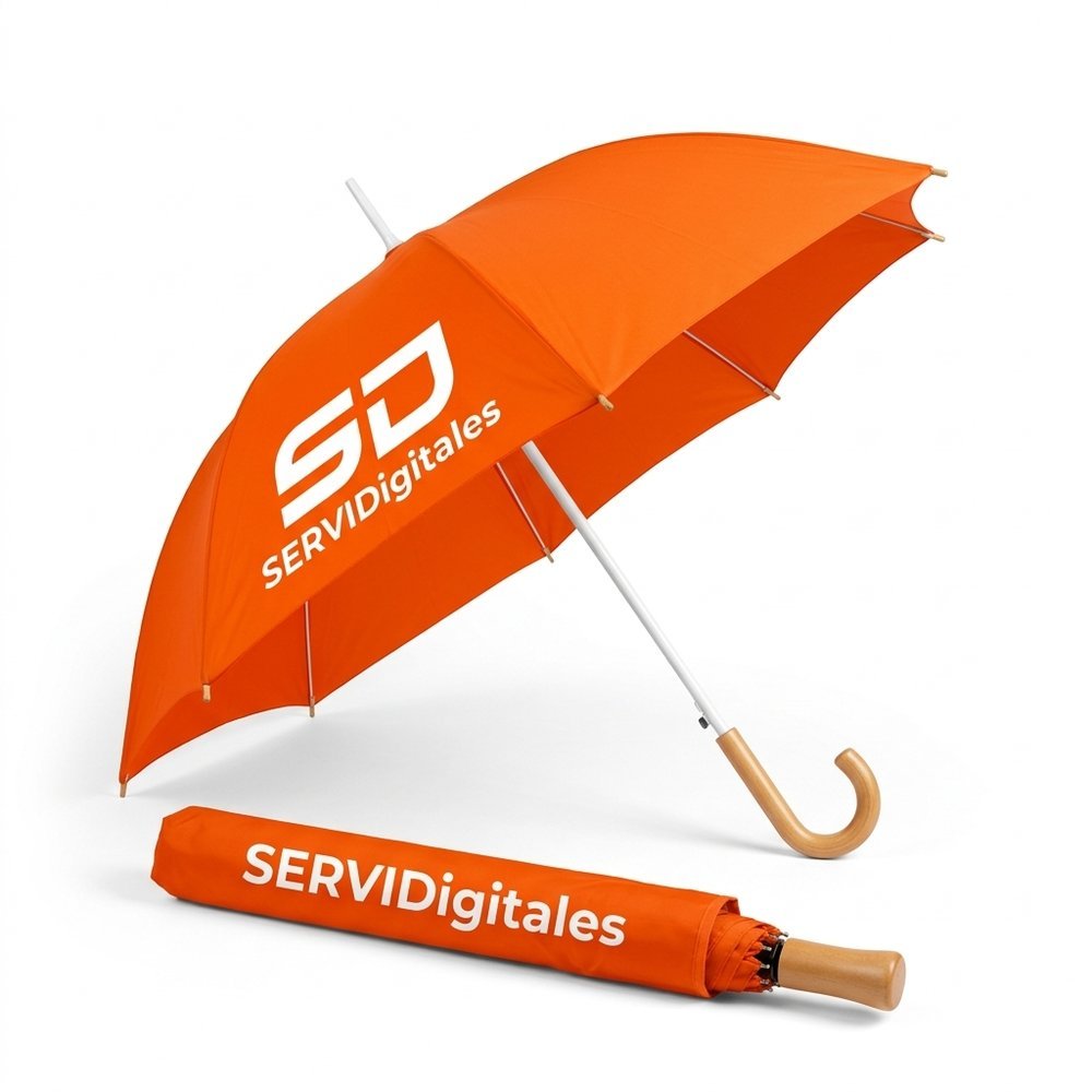 Paraguas naranja personalizado con funda y logo de ServiDigitales