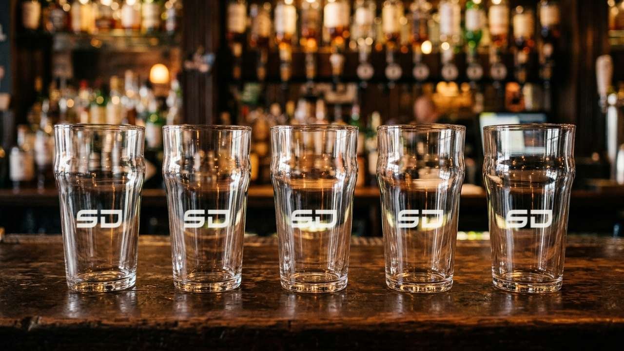 Vasos de vidrio con serigrafía a un color del logo SD en barra de bar – ServiDigitales Panamá